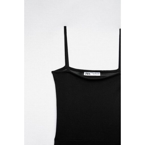 Black Zara Square-Neck Fit-and-Flare Spaghetti Strap Pullover Midi Dress (NWT) - Picture 2 of 9